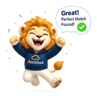The AtsIcloud lion cheering: "Great! Perfect match found!"