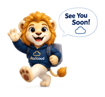 The AtsIcloud lion waving goodbye: "See you soon!"