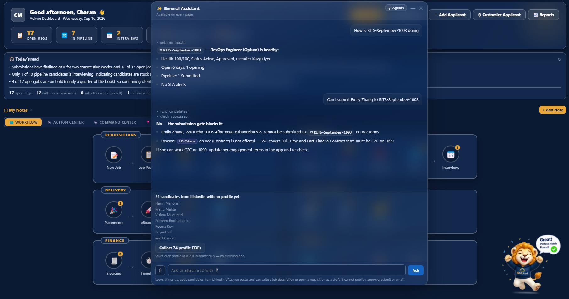 Review AI drafts: an extracted JD with its confidence, missing fields and a flagged conflict.