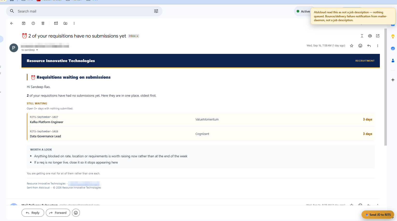 LinkedIn profile with Save to RITS, the In RITS badge, and the side panel open on Send requirement.