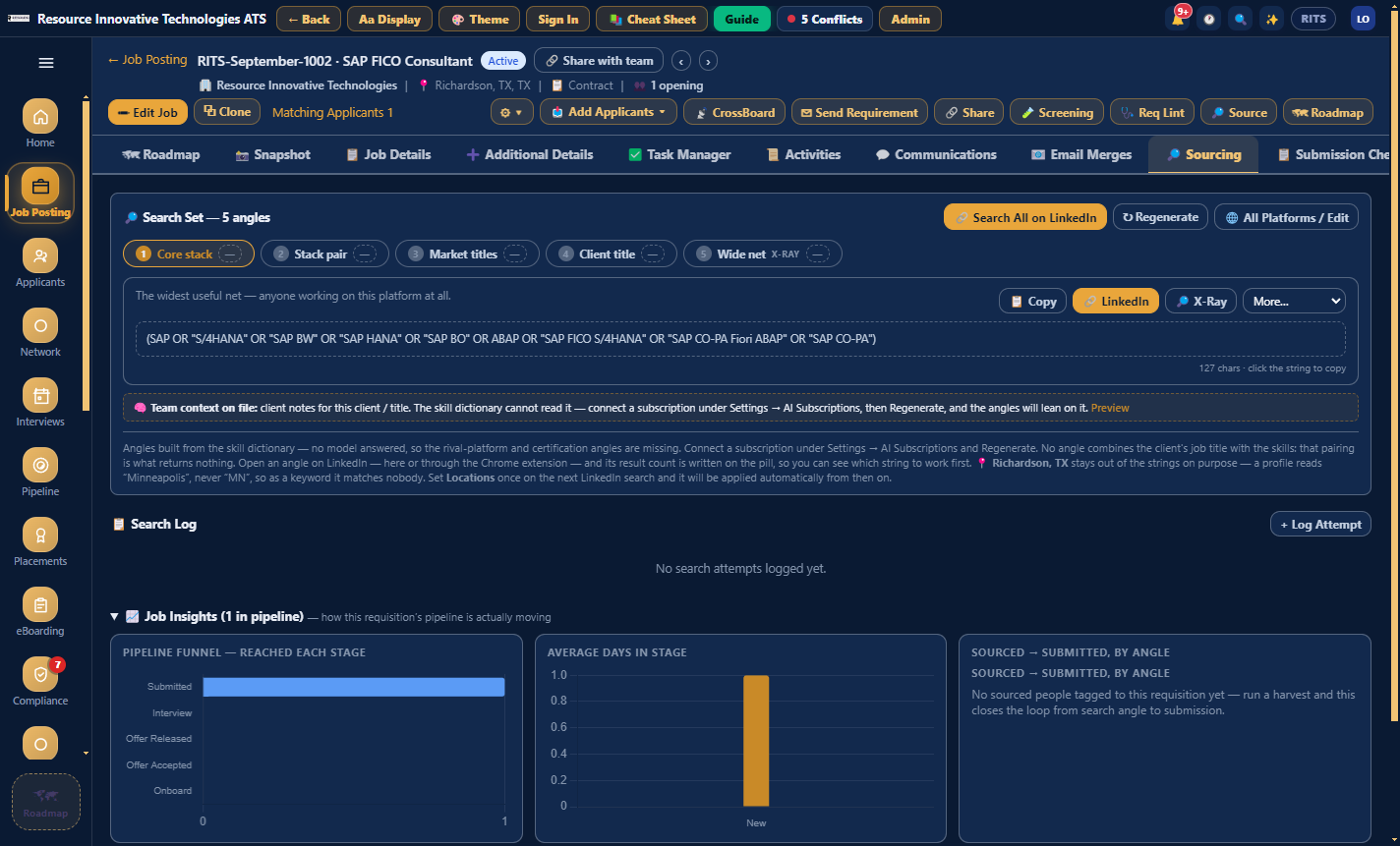 Job snapshot, Sourcing tab, Search Set